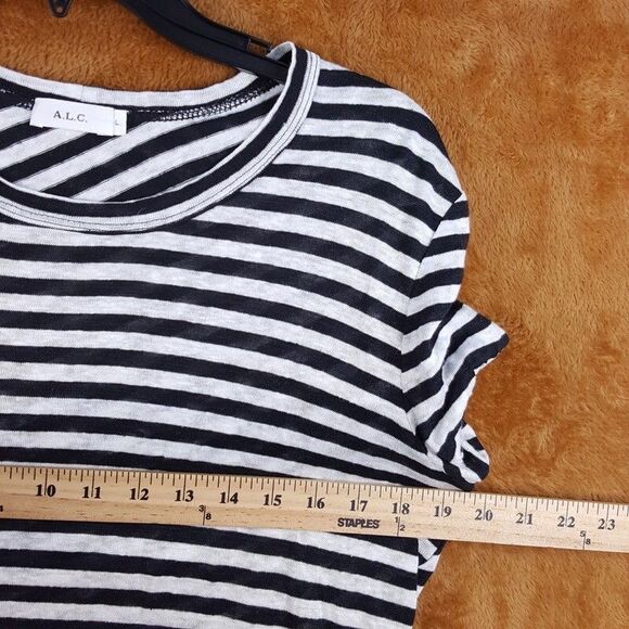 A.L.C. Top Womens Large Black Stripe Pullover Crew Criss Cross Back 100% Linen - Picture 6 of 8